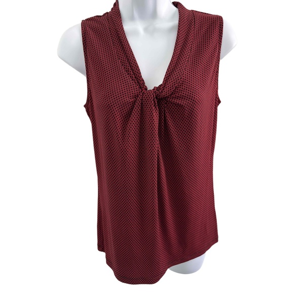 Jones New York Red Vneck Gathered Front Patterned Sleeveless Top Blouse PP - Picture 7 of 9